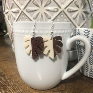 White resin and wood monstera leaf earrings